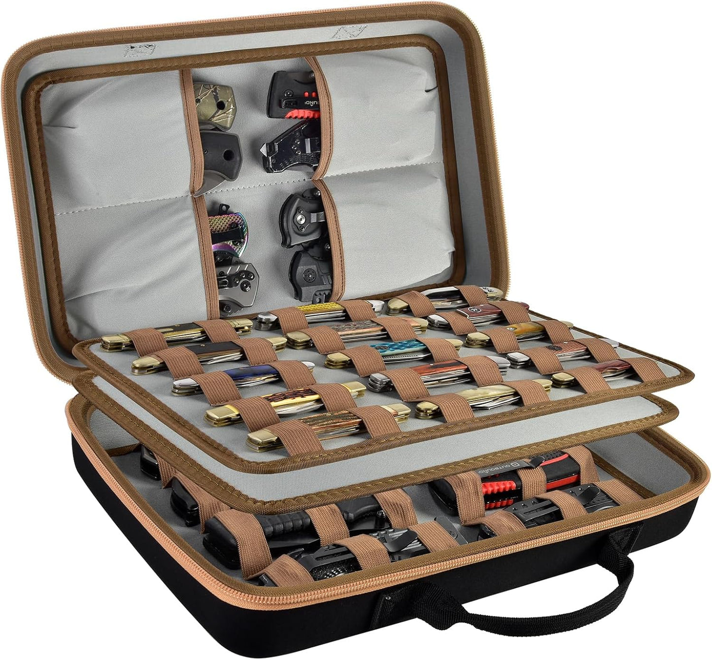 ANKHOH Pocket Knife Storage Case for 56+ Folding Knives, Brown | Large-capacity Display Organizer for Pocket, EDC and Folding Knives, Portable for Collectors, Camping and Travel, Case Only