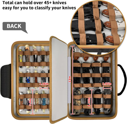 ANKHOH Pocket Knife Storage Case for 56+ Folding Knives, Brown | Large-capacity Display Organizer for Pocket, EDC and Folding Knives, Portable for Collectors, Camping and Travel, Case Only