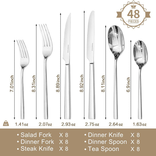 Silverware Set with Steak Knives, 48-Piece Forged Flatware Set Cutlery Set Premium Stainless Steel, Service for 8, for Kitchen, Home, Wedding, Party, Mirror Polished and Dishwasher Safe