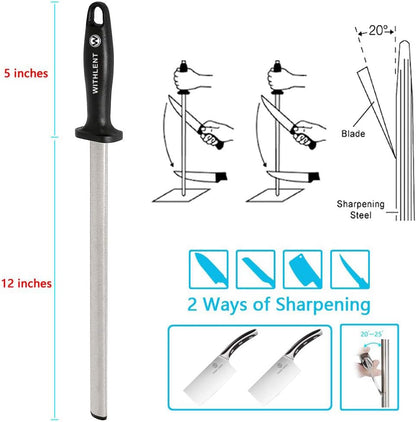 Diamond Sharpening Steel - 12 inch Knife Sharpener for Master Chef, Ideal for Kitchen Knife, Cooking Knife, Butchers and Japanese Knife, Home Gourmet Blade Sharpening Stick