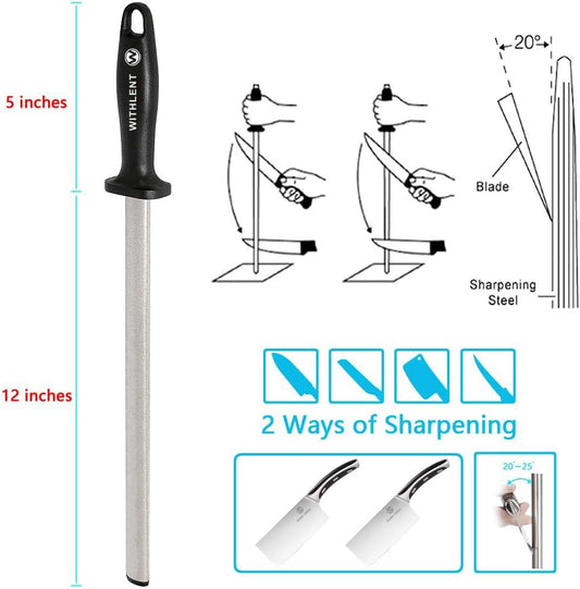 Diamond Sharpening Steel - 12 inch Knife Sharpener for Master Chef, Ideal for Kitchen Knife, Cooking Knife, Butchers and Japanese Knife, Home Gourmet Blade Sharpening Stick