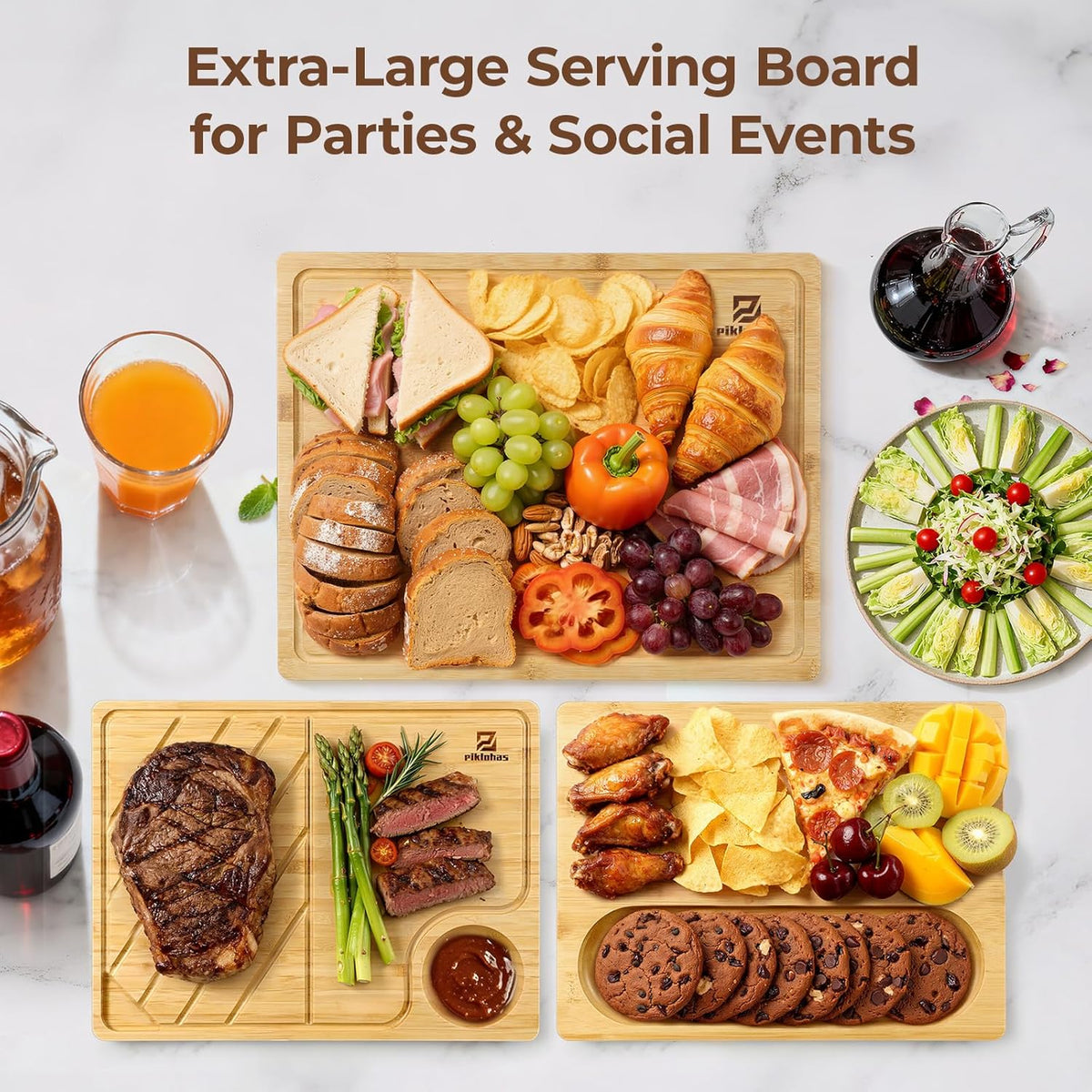 Large Bamboo Cutting Boards Set of 4 for Kitchen, Bamboo Charcuterie Chopping Board with Holder Non Slip, Steak Serving Tray with Juice Groove, Big Butcher Block for Cheese, Ideal for Gift