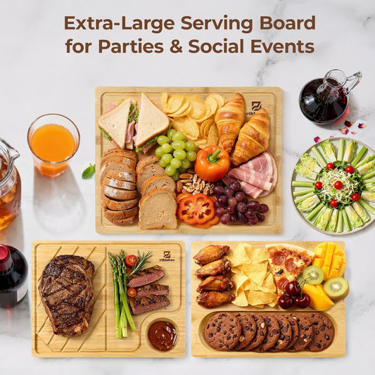 Large Bamboo Cutting Boards Set of 4 for Kitchen, Bamboo Charcuterie Chopping Board with Holder Non Slip, Steak Serving Tray with Juice Groove, Big Butcher Block for Cheese, Ideal for Gift