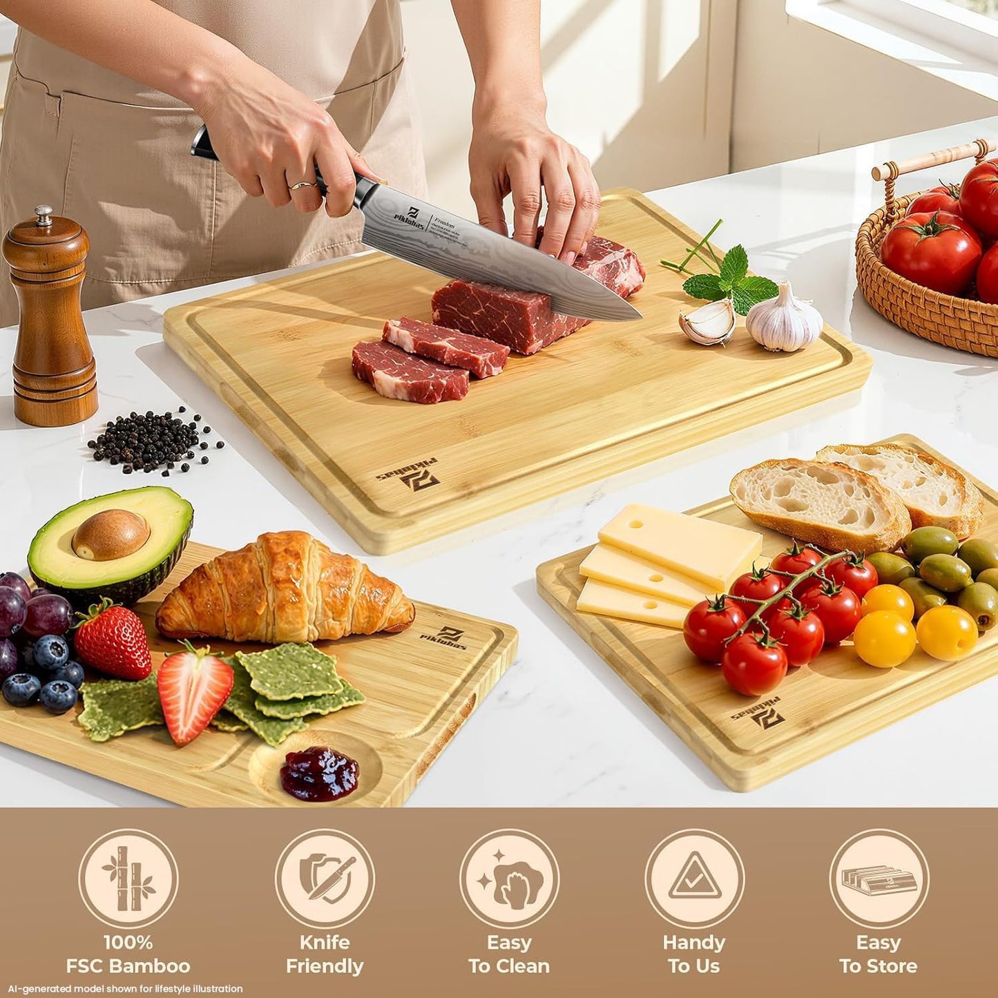 Large Bamboo Cutting Boards Set of 4 for Kitchen, Bamboo Charcuterie Chopping Board with Holder Non Slip, Steak Serving Tray with Juice Groove, Big Butcher Block for Cheese, Ideal for Gift