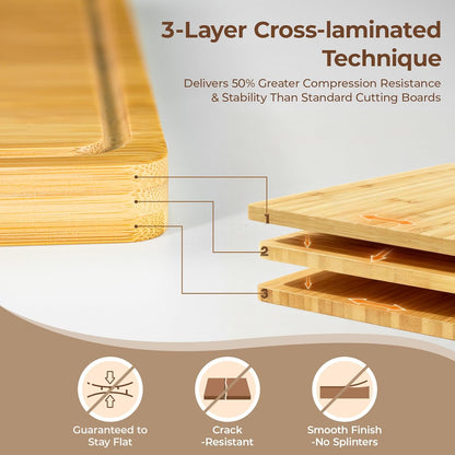 Large Bamboo Cutting Boards Set of 4 for Kitchen, Bamboo Charcuterie Chopping Board with Holder Non Slip, Steak Serving Tray with Juice Groove, Big Butcher Block for Cheese, Ideal for Gift