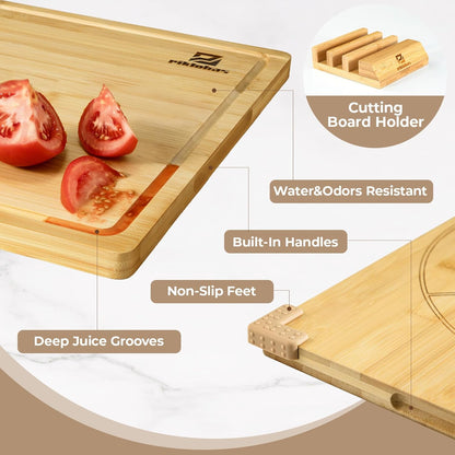 Large Bamboo Cutting Boards Set of 4 for Kitchen, Bamboo Charcuterie Chopping Board with Holder Non Slip, Steak Serving Tray with Juice Groove, Big Butcher Block for Cheese, Ideal for Gift