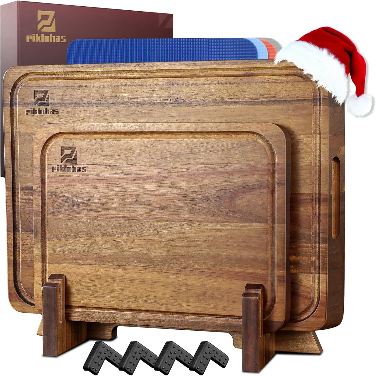 Large Bamboo Cutting Boards Set of 4 for Kitchen, Bamboo Charcuterie Chopping Board with Holder Non Slip, Steak Serving Tray with Juice Groove, Big Butcher Block for Cheese, Ideal for Gift