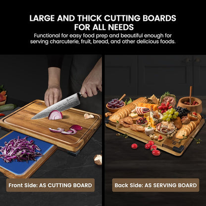 Large Bamboo Cutting Boards Set of 4 for Kitchen, Bamboo Charcuterie Chopping Board with Holder Non Slip, Steak Serving Tray with Juice Groove, Big Butcher Block for Cheese, Ideal for Gift