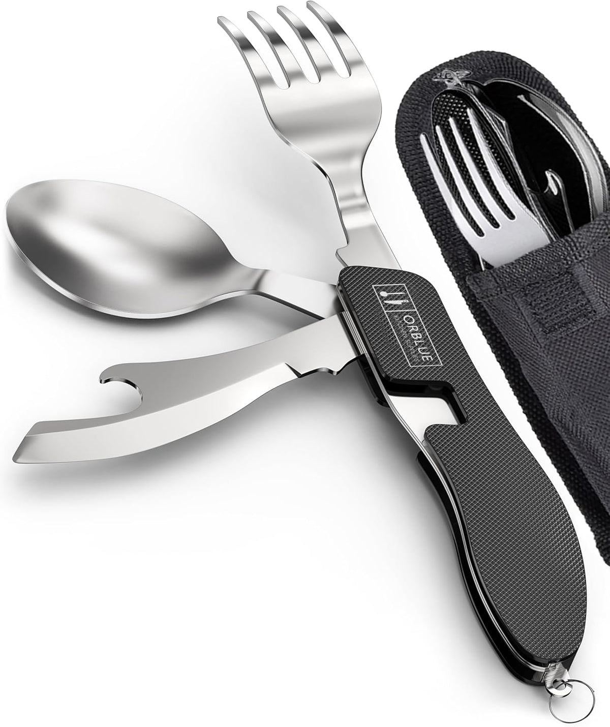 4-in-1 Camping Eating Utensils, 2-Pack - Portable Spoon, Fork, Knife & Bottle Opener Combo Set - Stainless Steel Flatware with Detachable Fork - Travel, Backpacking Cutlery Multitool, Black