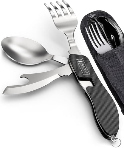 4-in-1 Camping Eating Utensils, 2-Pack - Portable Spoon, Fork, Knife & Bottle Opener Combo Set - Stainless Steel Flatware with Detachable Fork - Travel, Backpacking Cutlery Multitool, Black