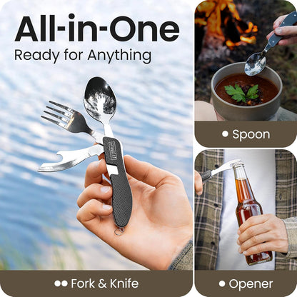 4-in-1 Camping Eating Utensils, 2-Pack - Portable Spoon, Fork, Knife & Bottle Opener Combo Set - Stainless Steel Flatware with Detachable Fork - Travel, Backpacking Cutlery Multitool, Black