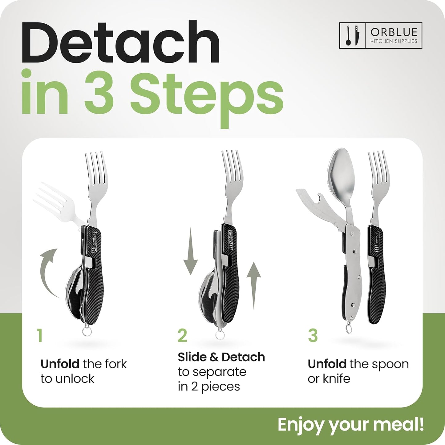 4-in-1 Camping Eating Utensils, 2-Pack - Portable Spoon, Fork, Knife & Bottle Opener Combo Set - Stainless Steel Flatware with Detachable Fork - Travel, Backpacking Cutlery Multitool, Black