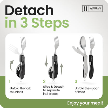 4-in-1 Camping Eating Utensils, 2-Pack - Portable Spoon, Fork, Knife & Bottle Opener Combo Set - Stainless Steel Flatware with Detachable Fork - Travel, Backpacking Cutlery Multitool, Black