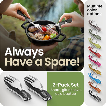 4-in-1 Camping Eating Utensils, 2-Pack - Portable Spoon, Fork, Knife & Bottle Opener Combo Set - Stainless Steel Flatware with Detachable Fork - Travel, Backpacking Cutlery Multitool, Black