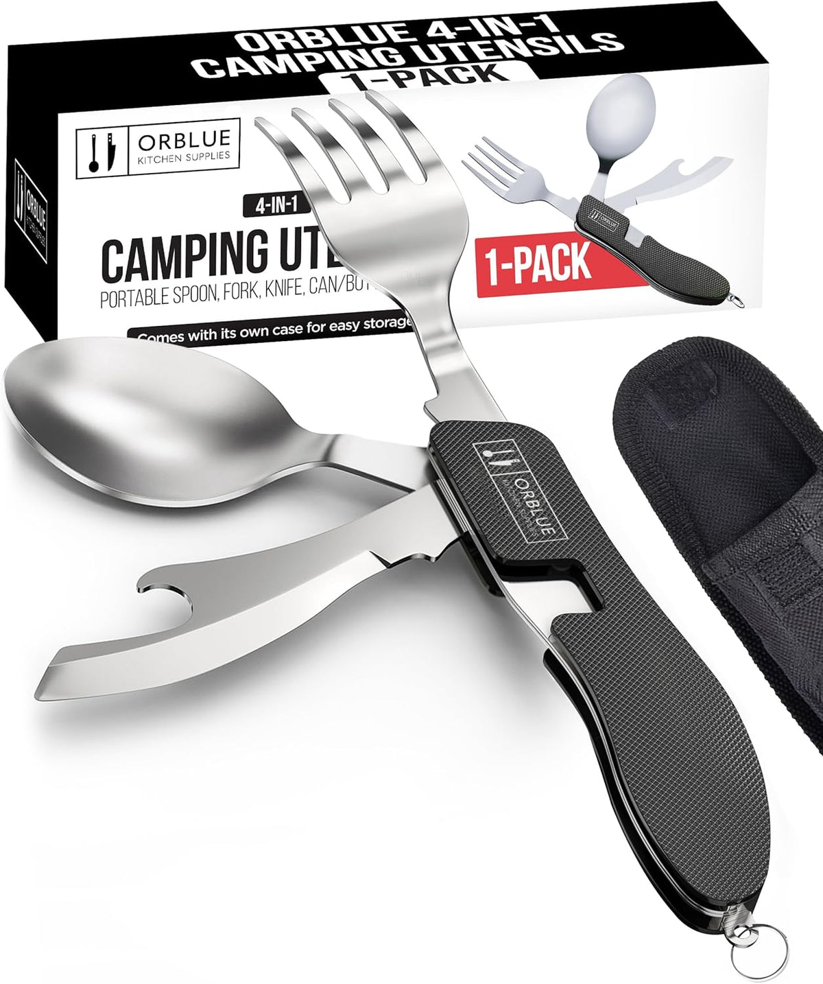 4-in-1 Camping Eating Utensils, 2-Pack - Portable Spoon, Fork, Knife & Bottle Opener Combo Set - Stainless Steel Flatware with Detachable Fork - Travel, Backpacking Cutlery Multitool, Black