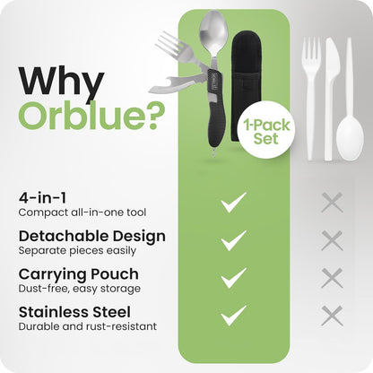 4-in-1 Camping Eating Utensils, 2-Pack - Portable Spoon, Fork, Knife & Bottle Opener Combo Set - Stainless Steel Flatware with Detachable Fork - Travel, Backpacking Cutlery Multitool, Black