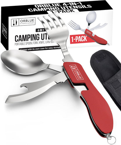 4-in-1 Camping Eating Utensils, 2-Pack - Portable Spoon, Fork, Knife & Bottle Opener Combo Set - Stainless Steel Flatware with Detachable Fork - Travel, Backpacking Cutlery Multitool, Black