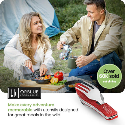 4-in-1 Camping Eating Utensils, 2-Pack - Portable Spoon, Fork, Knife & Bottle Opener Combo Set - Stainless Steel Flatware with Detachable Fork - Travel, Backpacking Cutlery Multitool, Black