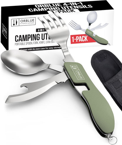 4-in-1 Camping Eating Utensils, 2-Pack - Portable Spoon, Fork, Knife & Bottle Opener Combo Set - Stainless Steel Flatware with Detachable Fork - Travel, Backpacking Cutlery Multitool, Black