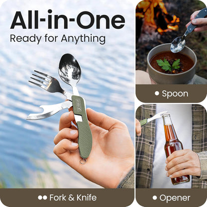 4-in-1 Camping Eating Utensils, 2-Pack - Portable Spoon, Fork, Knife & Bottle Opener Combo Set - Stainless Steel Flatware with Detachable Fork - Travel, Backpacking Cutlery Multitool, Black