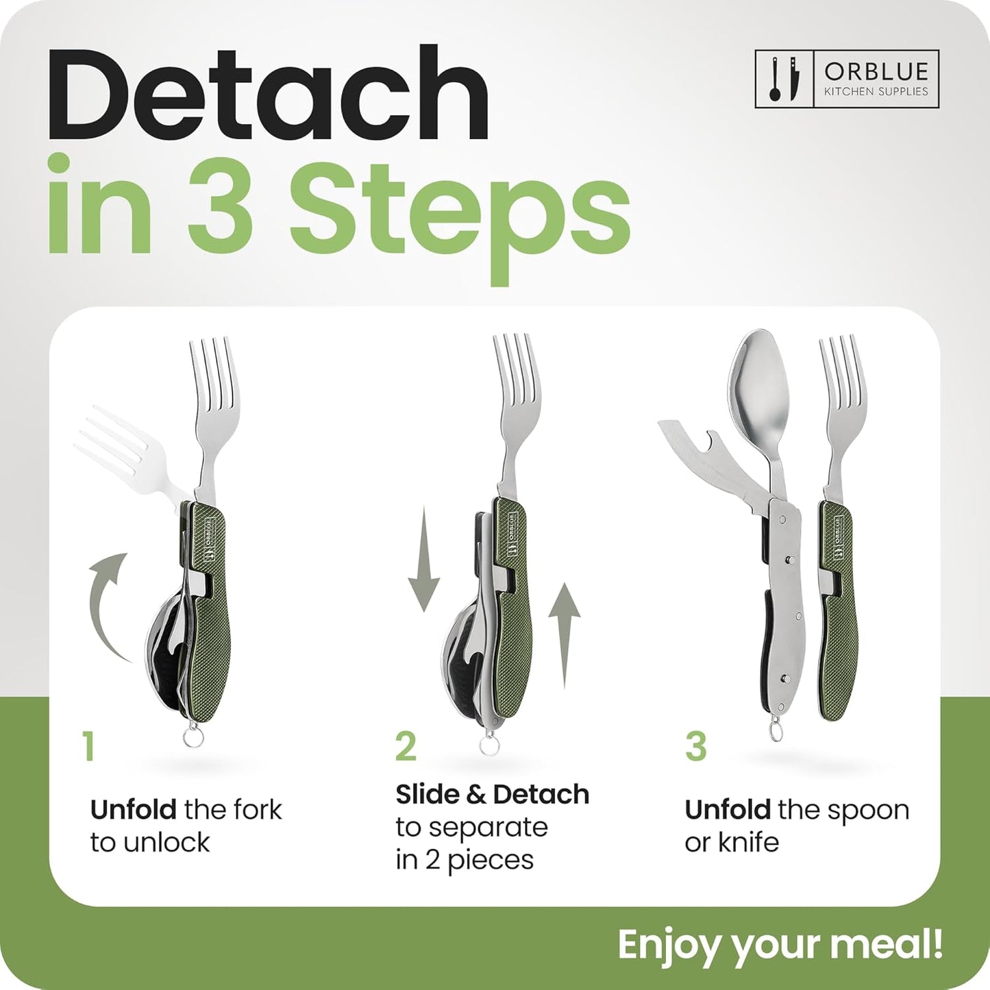 4-in-1 Camping Eating Utensils, 2-Pack - Portable Spoon, Fork, Knife & Bottle Opener Combo Set - Stainless Steel Flatware with Detachable Fork - Travel, Backpacking Cutlery Multitool, Black