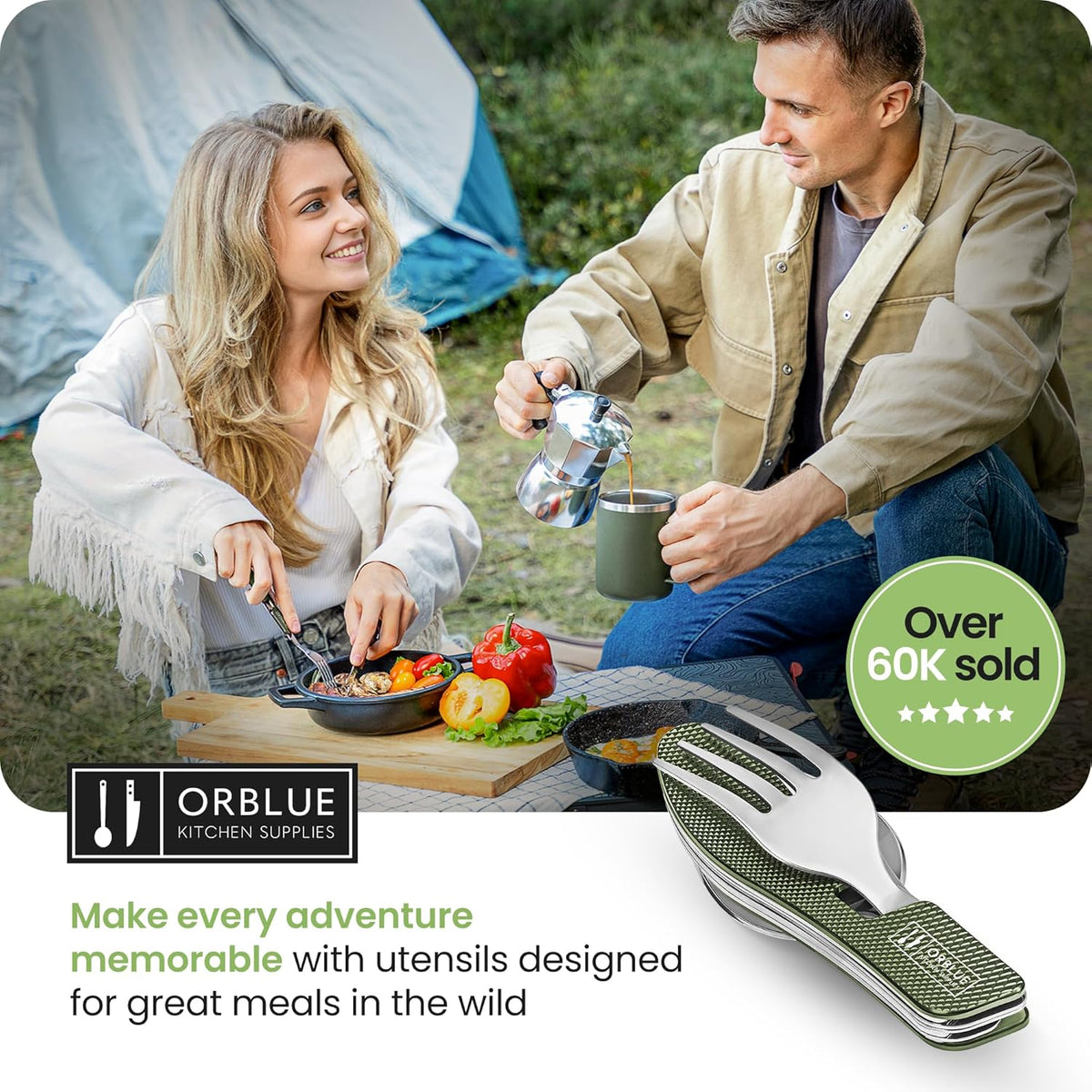 4-in-1 Camping Eating Utensils, 2-Pack - Portable Spoon, Fork, Knife & Bottle Opener Combo Set - Stainless Steel Flatware with Detachable Fork - Travel, Backpacking Cutlery Multitool, Black