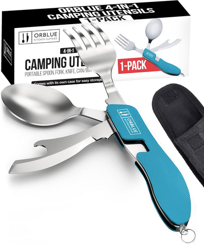 4-in-1 Camping Eating Utensils, 2-Pack - Portable Spoon, Fork, Knife & Bottle Opener Combo Set - Stainless Steel Flatware with Detachable Fork - Travel, Backpacking Cutlery Multitool, Black