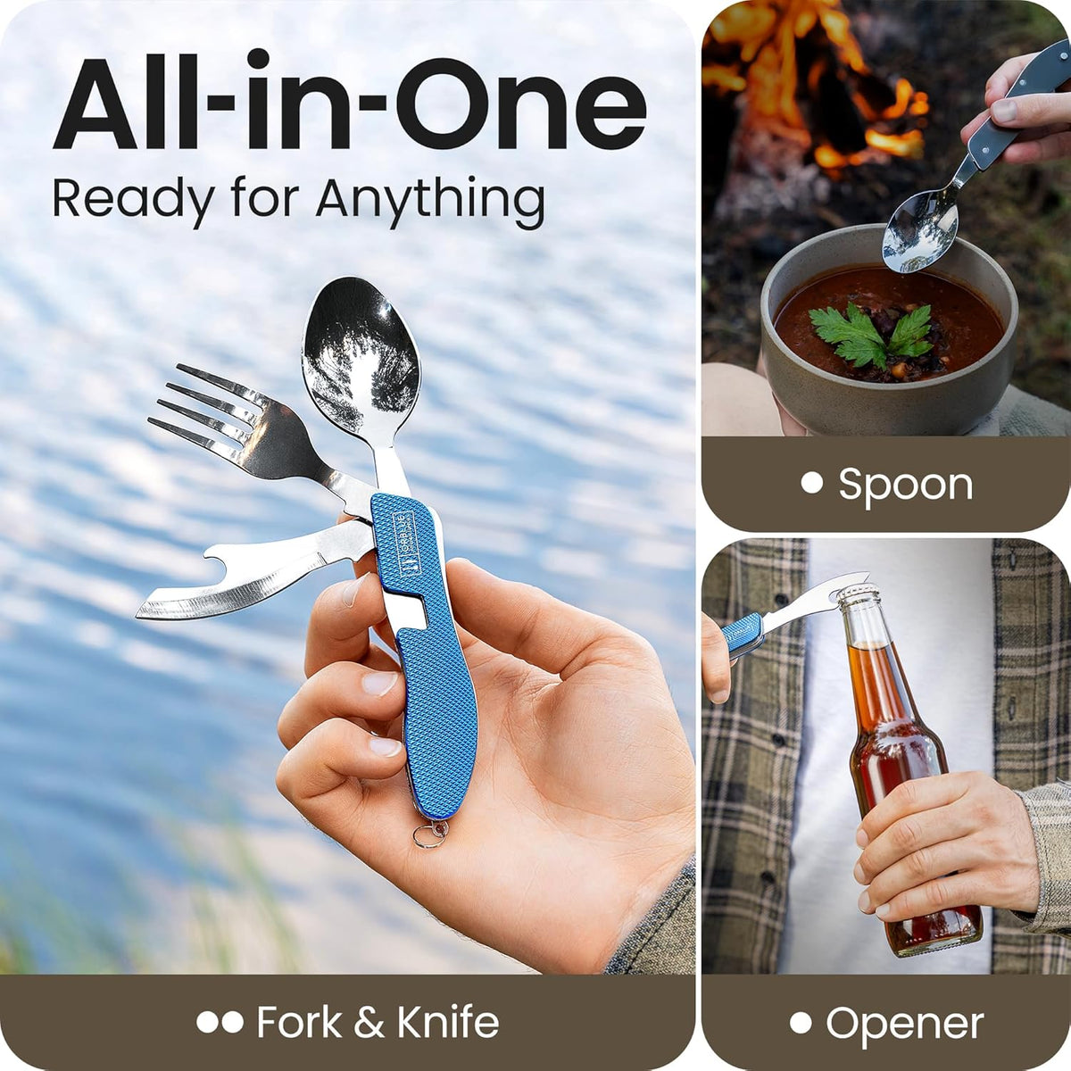 4-in-1 Camping Eating Utensils, 2-Pack - Portable Spoon, Fork, Knife & Bottle Opener Combo Set - Stainless Steel Flatware with Detachable Fork - Travel, Backpacking Cutlery Multitool, Black