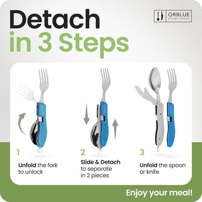 4-in-1 Camping Eating Utensils, 2-Pack - Portable Spoon, Fork, Knife & Bottle Opener Combo Set - Stainless Steel Flatware with Detachable Fork - Travel, Backpacking Cutlery Multitool, Black