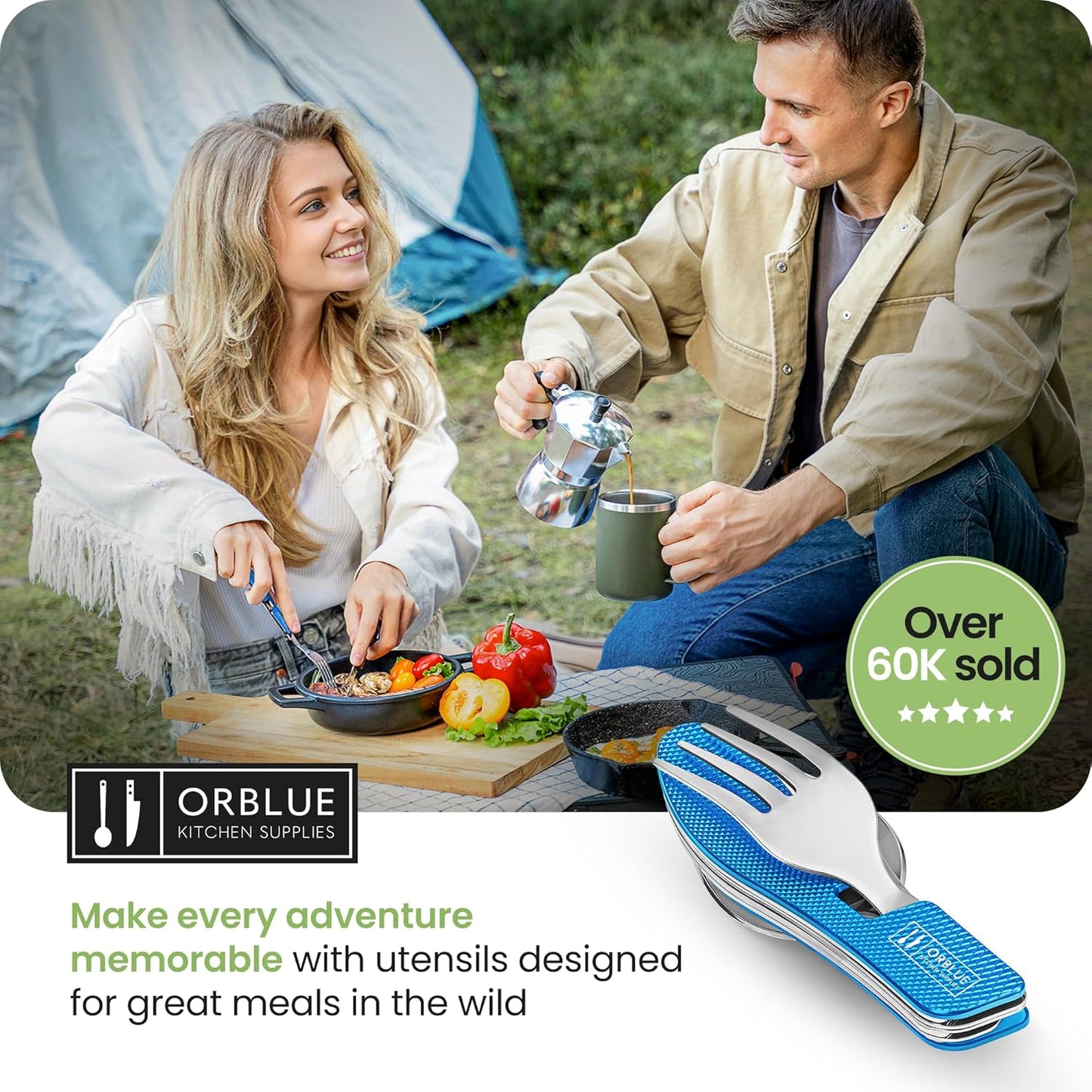 4-in-1 Camping Eating Utensils, 2-Pack - Portable Spoon, Fork, Knife & Bottle Opener Combo Set - Stainless Steel Flatware with Detachable Fork - Travel, Backpacking Cutlery Multitool, Black