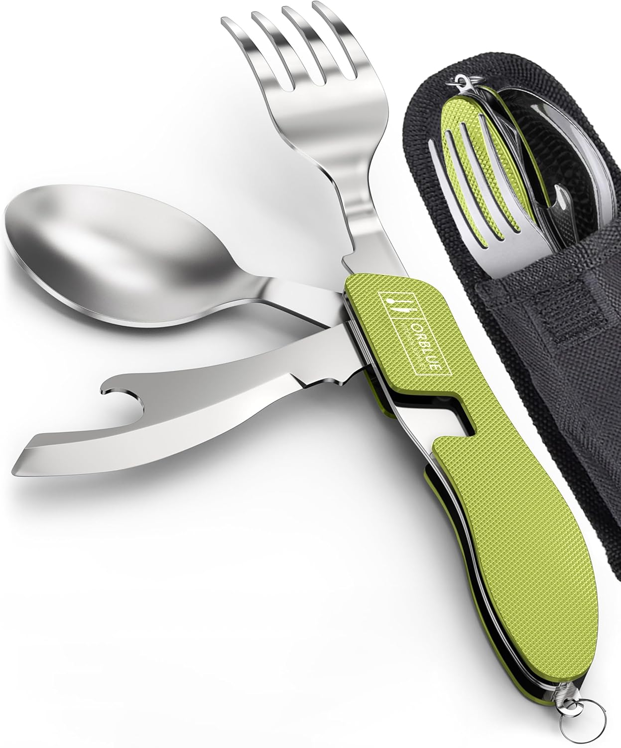 4-in-1 Camping Eating Utensils, 2-Pack - Portable Spoon, Fork, Knife & Bottle Opener Combo Set - Stainless Steel Flatware with Detachable Fork - Travel, Backpacking Cutlery Multitool, Black