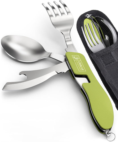 4-in-1 Camping Eating Utensils, 2-Pack - Portable Spoon, Fork, Knife & Bottle Opener Combo Set - Stainless Steel Flatware with Detachable Fork - Travel, Backpacking Cutlery Multitool, Black