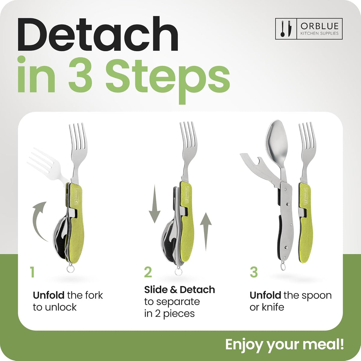 4-in-1 Camping Eating Utensils, 2-Pack - Portable Spoon, Fork, Knife & Bottle Opener Combo Set - Stainless Steel Flatware with Detachable Fork - Travel, Backpacking Cutlery Multitool, Black