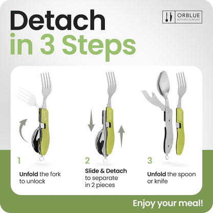 4-in-1 Camping Eating Utensils, 2-Pack - Portable Spoon, Fork, Knife & Bottle Opener Combo Set - Stainless Steel Flatware with Detachable Fork - Travel, Backpacking Cutlery Multitool, Black