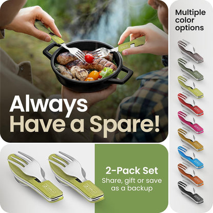 4-in-1 Camping Eating Utensils, 2-Pack - Portable Spoon, Fork, Knife & Bottle Opener Combo Set - Stainless Steel Flatware with Detachable Fork - Travel, Backpacking Cutlery Multitool, Black