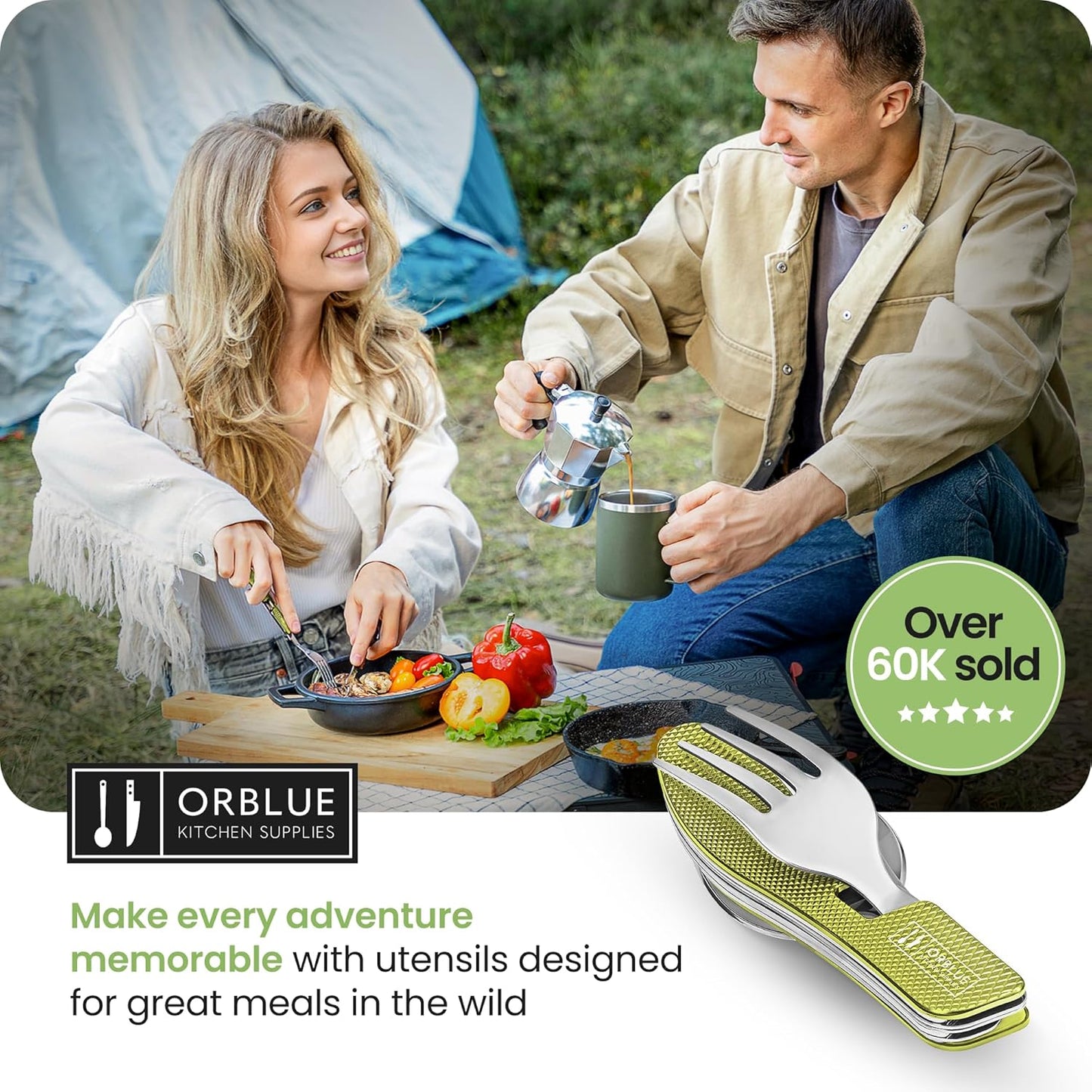 4-in-1 Camping Eating Utensils, 2-Pack - Portable Spoon, Fork, Knife & Bottle Opener Combo Set - Stainless Steel Flatware with Detachable Fork - Travel, Backpacking Cutlery Multitool, Black