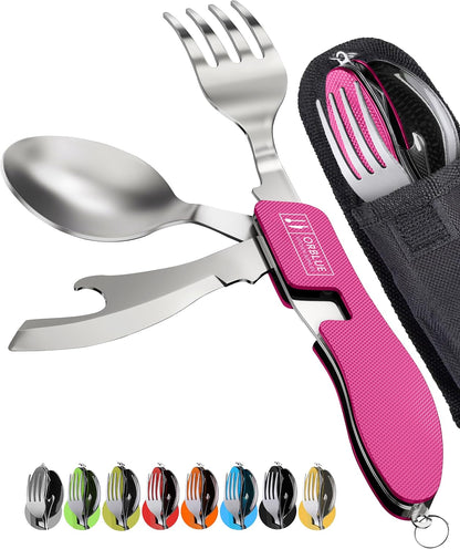 4-in-1 Camping Eating Utensils, 2-Pack - Portable Spoon, Fork, Knife & Bottle Opener Combo Set - Stainless Steel Flatware with Detachable Fork - Travel, Backpacking Cutlery Multitool, Black