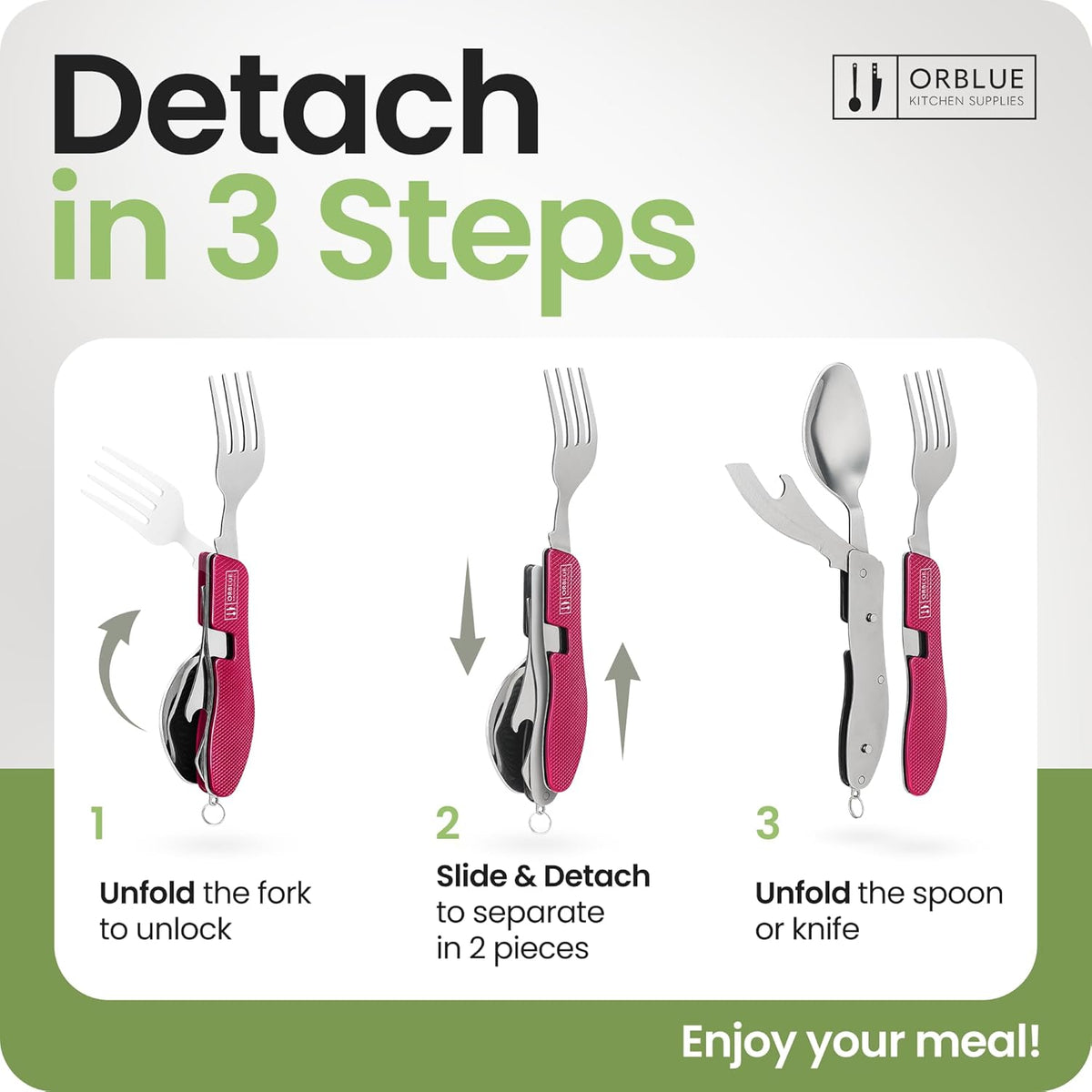 4-in-1 Camping Eating Utensils, 2-Pack - Portable Spoon, Fork, Knife & Bottle Opener Combo Set - Stainless Steel Flatware with Detachable Fork - Travel, Backpacking Cutlery Multitool, Black