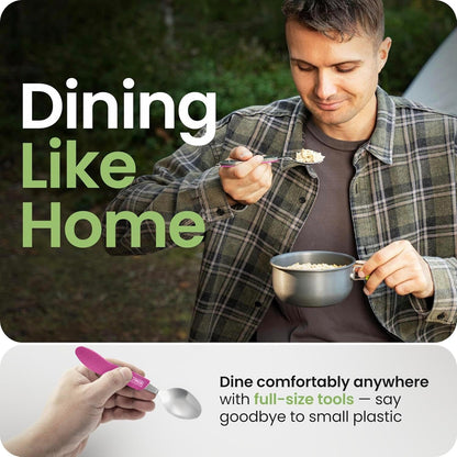 4-in-1 Camping Eating Utensils, 2-Pack - Portable Spoon, Fork, Knife & Bottle Opener Combo Set - Stainless Steel Flatware with Detachable Fork - Travel, Backpacking Cutlery Multitool, Black