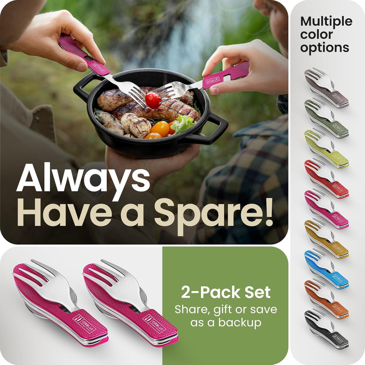 4-in-1 Camping Eating Utensils, 2-Pack - Portable Spoon, Fork, Knife & Bottle Opener Combo Set - Stainless Steel Flatware with Detachable Fork - Travel, Backpacking Cutlery Multitool, Black