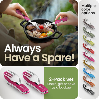 4-in-1 Camping Eating Utensils, 2-Pack - Portable Spoon, Fork, Knife & Bottle Opener Combo Set - Stainless Steel Flatware with Detachable Fork - Travel, Backpacking Cutlery Multitool, Black
