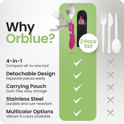 4-in-1 Camping Eating Utensils, 2-Pack - Portable Spoon, Fork, Knife & Bottle Opener Combo Set - Stainless Steel Flatware with Detachable Fork - Travel, Backpacking Cutlery Multitool, Black