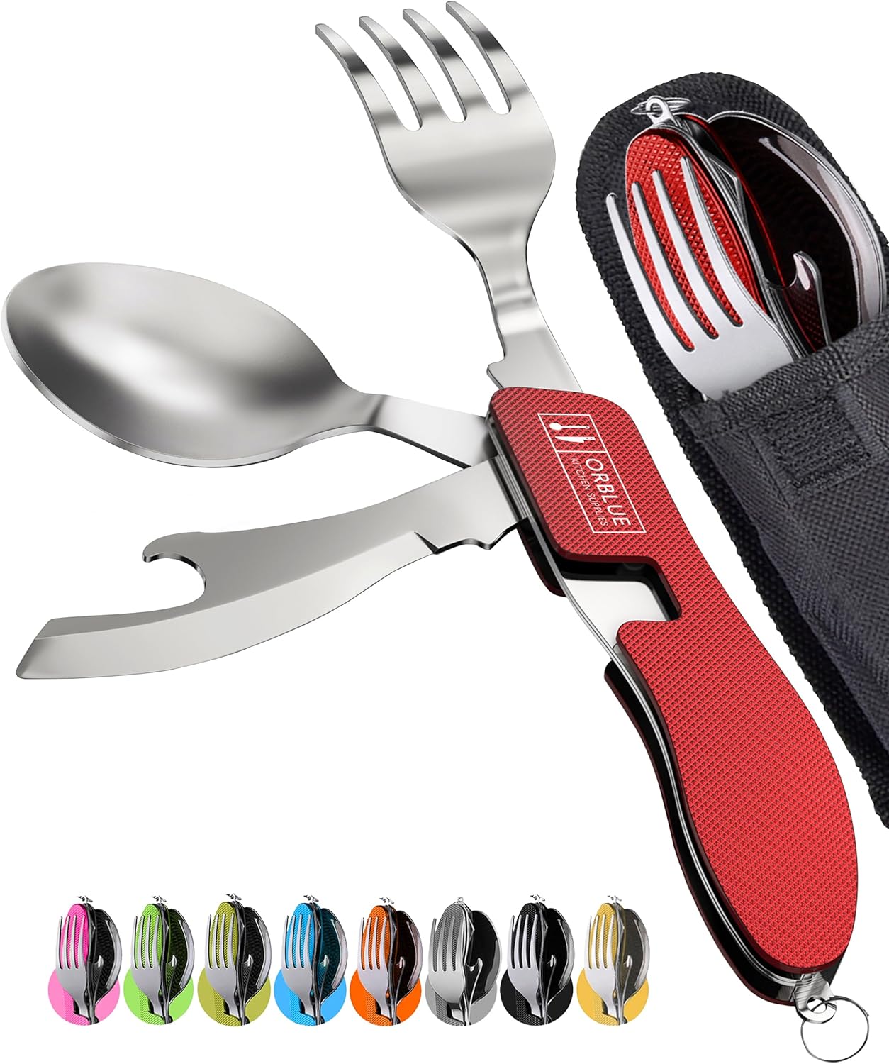4-in-1 Camping Eating Utensils, 2-Pack - Portable Spoon, Fork, Knife & Bottle Opener Combo Set - Stainless Steel Flatware with Detachable Fork - Travel, Backpacking Cutlery Multitool, Black