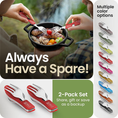 4-in-1 Camping Eating Utensils, 2-Pack - Portable Spoon, Fork, Knife & Bottle Opener Combo Set - Stainless Steel Flatware with Detachable Fork - Travel, Backpacking Cutlery Multitool, Black