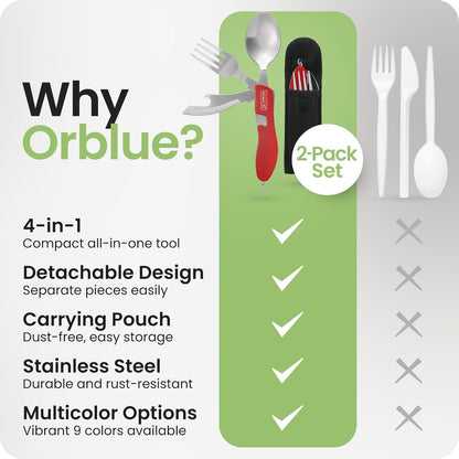 4-in-1 Camping Eating Utensils, 2-Pack - Portable Spoon, Fork, Knife & Bottle Opener Combo Set - Stainless Steel Flatware with Detachable Fork - Travel, Backpacking Cutlery Multitool, Black