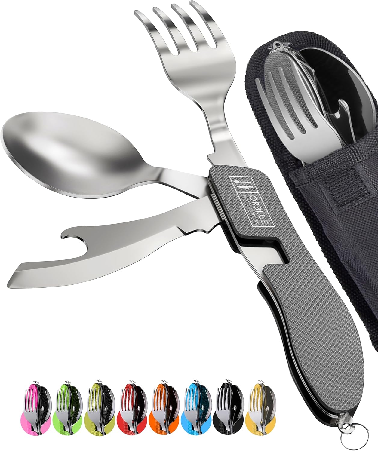4-in-1 Camping Eating Utensils, 2-Pack - Portable Spoon, Fork, Knife & Bottle Opener Combo Set - Stainless Steel Flatware with Detachable Fork - Travel, Backpacking Cutlery Multitool, Black