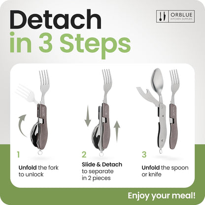 4-in-1 Camping Eating Utensils, 2-Pack - Portable Spoon, Fork, Knife & Bottle Opener Combo Set - Stainless Steel Flatware with Detachable Fork - Travel, Backpacking Cutlery Multitool, Black