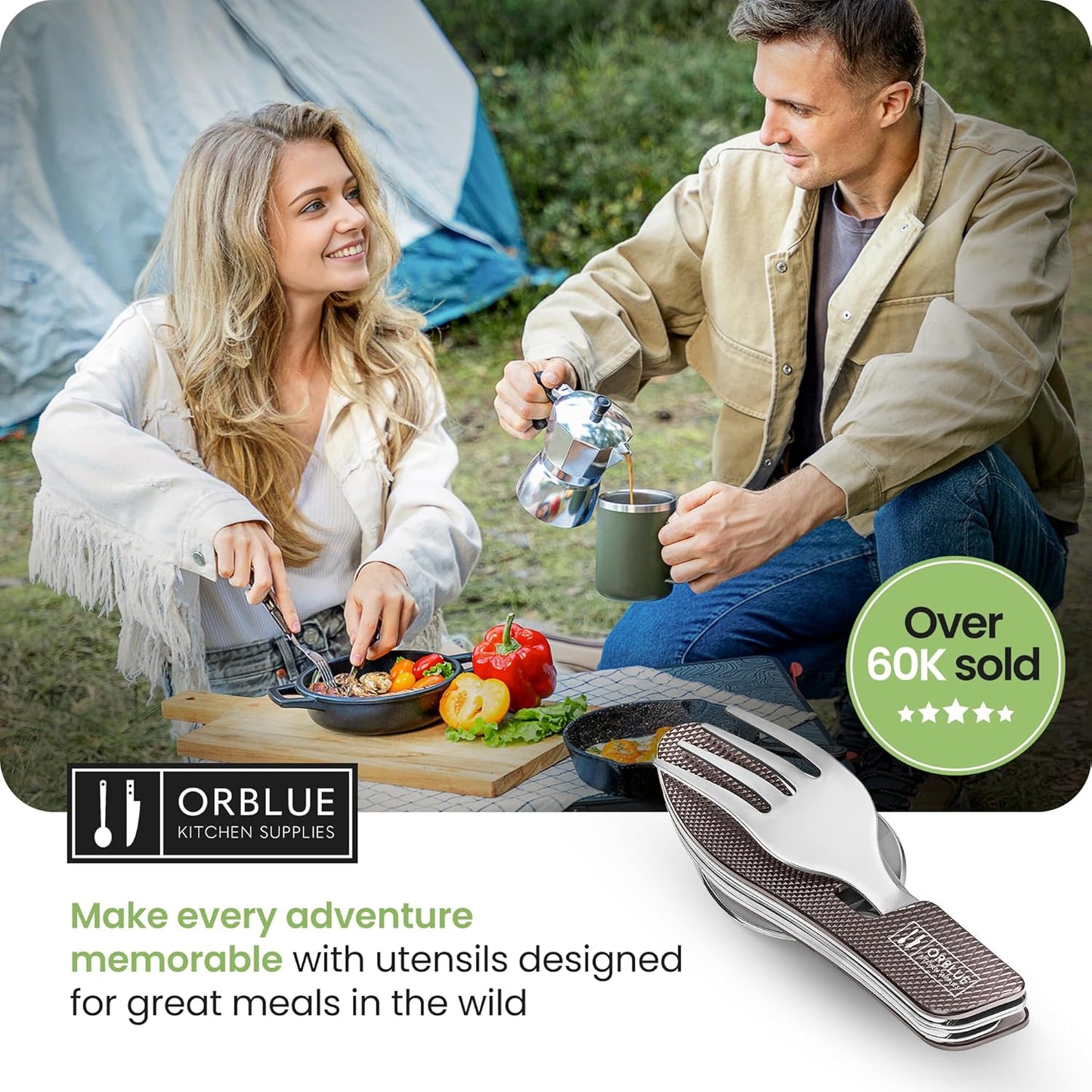4-in-1 Camping Eating Utensils, 2-Pack - Portable Spoon, Fork, Knife & Bottle Opener Combo Set - Stainless Steel Flatware with Detachable Fork - Travel, Backpacking Cutlery Multitool, Black