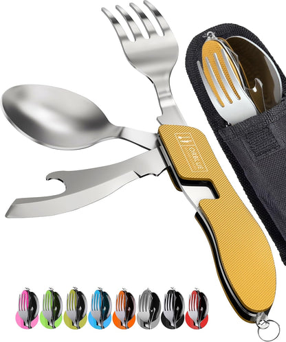 4-in-1 Camping Eating Utensils, 2-Pack - Portable Spoon, Fork, Knife & Bottle Opener Combo Set - Stainless Steel Flatware with Detachable Fork - Travel, Backpacking Cutlery Multitool, Black
