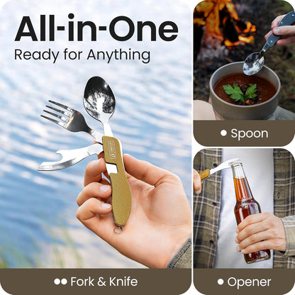 4-in-1 Camping Eating Utensils, 2-Pack - Portable Spoon, Fork, Knife & Bottle Opener Combo Set - Stainless Steel Flatware with Detachable Fork - Travel, Backpacking Cutlery Multitool, Black